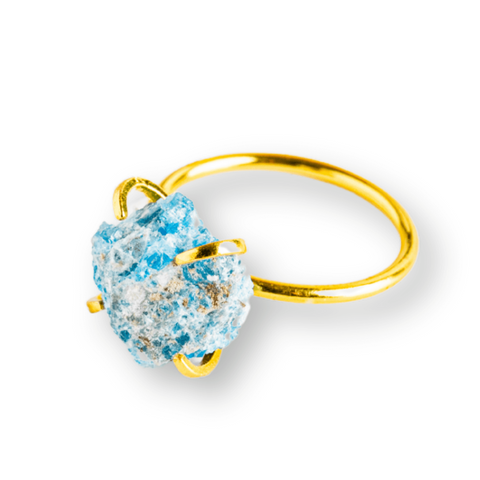 Adjustable Gold Ring with Raw Apatite - Positive Energy, Mental Clarity and Creativity