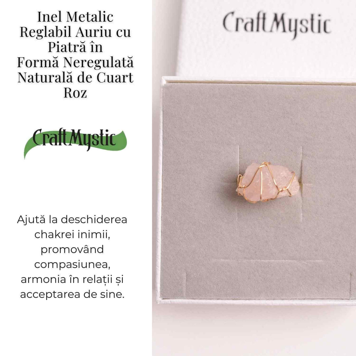 Inel Ajustabil Cuart Roz Brut forma neregulata- Vindecare Emotionala si Iubire