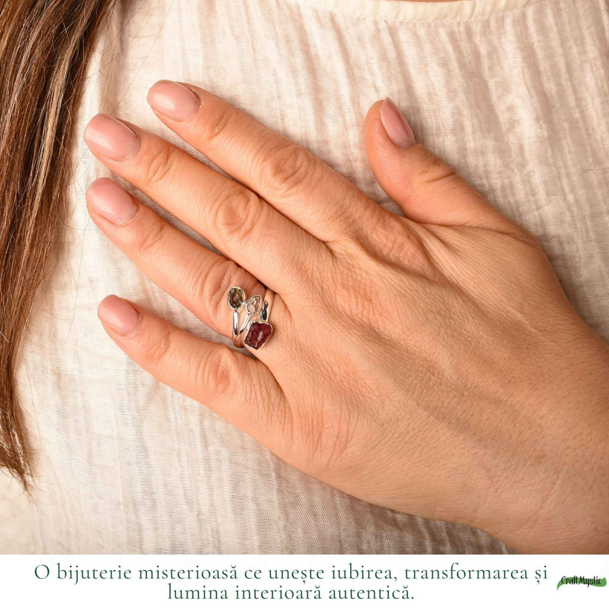 Inel Argint 925 cu Moldavit, Turmalina Roz si Herkimer – Transformare si Echilibru