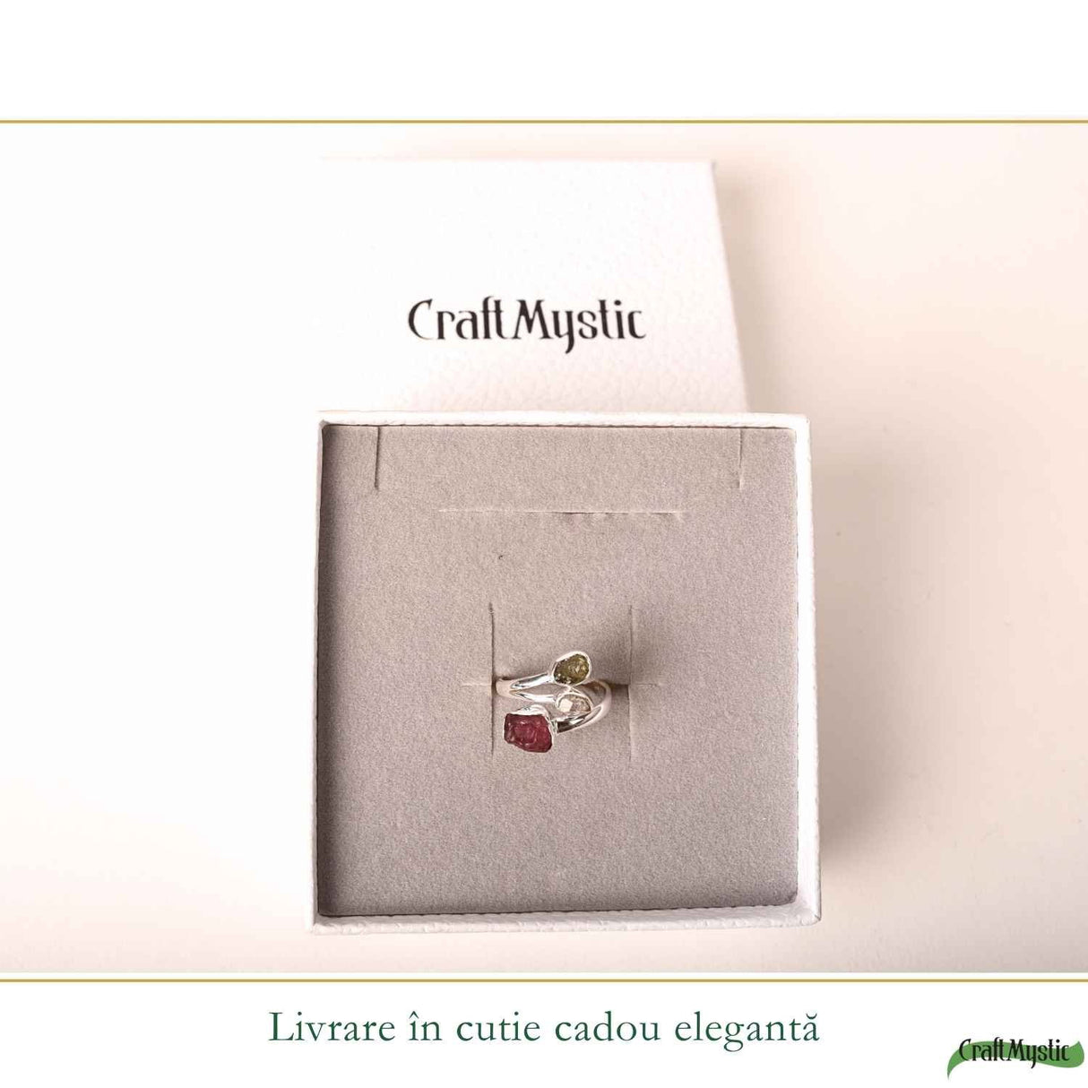 Inel Argint 925 cu Moldavit, Turmalina Roz si Herkimer – Transformare si Echilibru