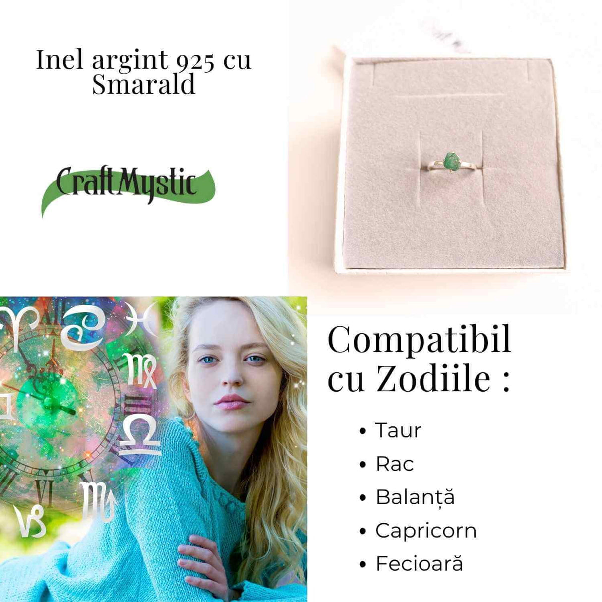 Inel Ajustabil Argint 925 cu Smarald Brut - Vindecare si Iubire Sincera