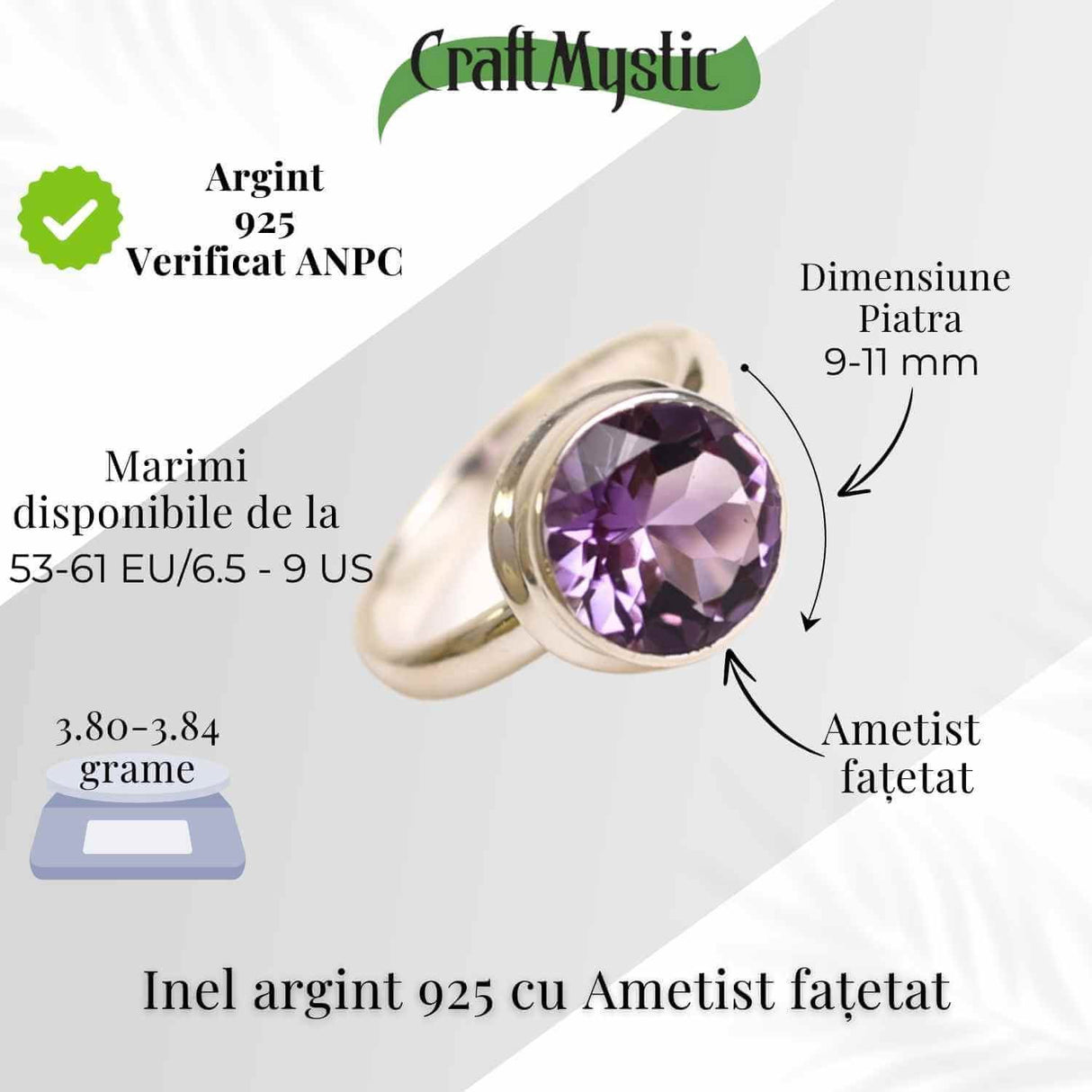 Inel Argint 925 cu Ametist Fatetat Rotund - Armonie si Claritate Spirituala