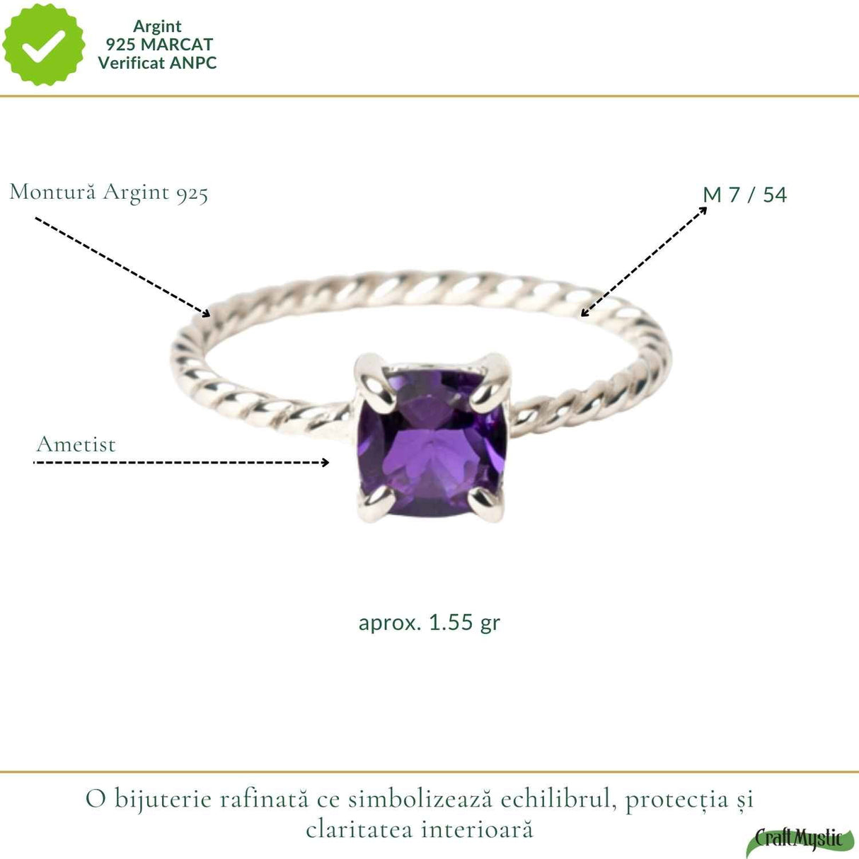 Inel Argint 925 Rasucit cu Ametist Natural Patrat Fatetat – Echilibru ai Claritate