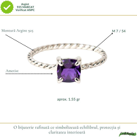 Inel Argint 925 Rasucit cu Ametist Natural Patrat Fatetat – Echilibru ai Claritate