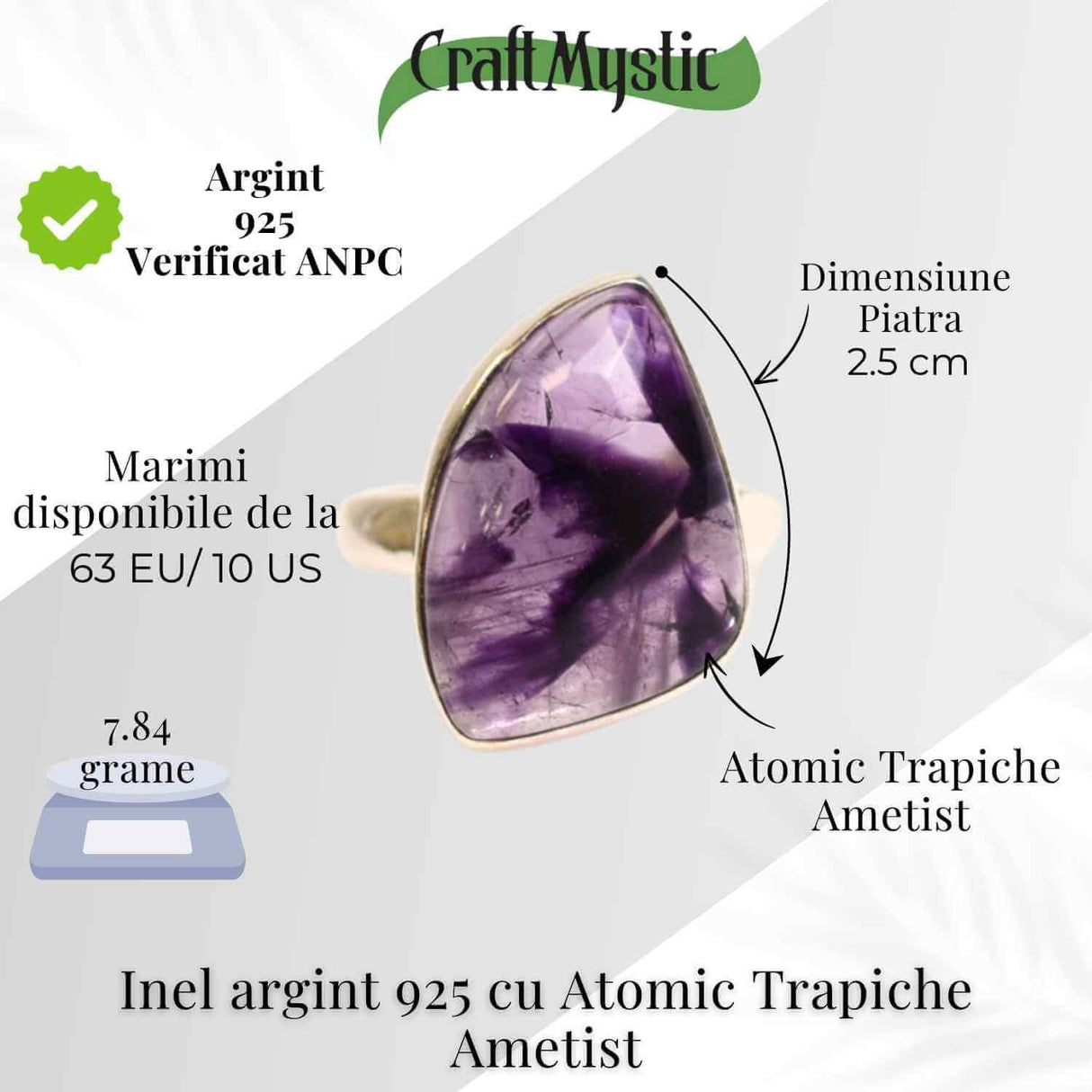Inel argint 925 cu Atomic Trapiche Ametist triunghiular - Protectie si Claritate
