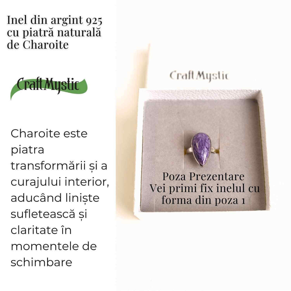 Inel argint 925 cu Charoite naturala triunghi - Transformare si echilibru interior