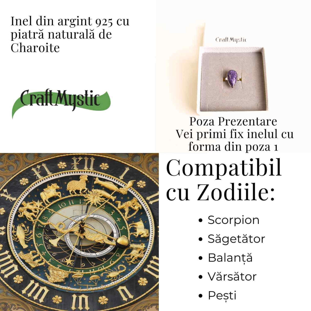 Inel argint 925 cu piatra naturala Charoite dreptunghiular