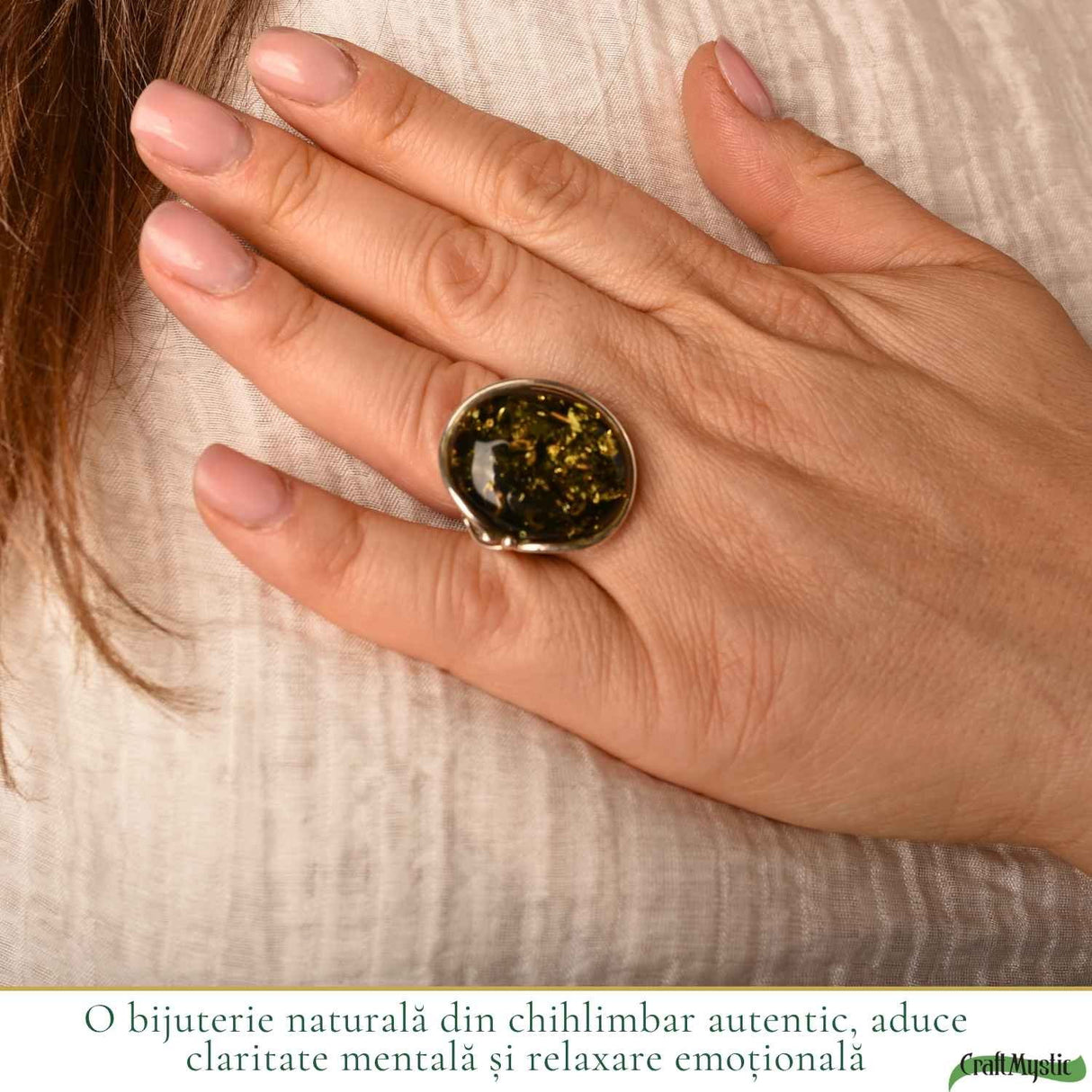 Inel Argint 925 cu Chihlimbar Verde Oval – Eleganta Naturala si Energie Feminina