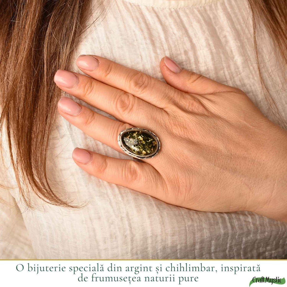 Inel Argint 925 cu Chihlimbar Verde Oval – Energie Naturala si Eleganta Statement