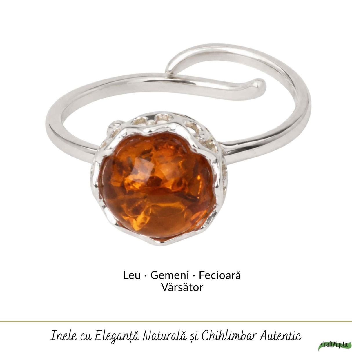Inel Argint 925 cu Chihlimbar Coniac Rotund – Energie Calda si Eleganta Naturala