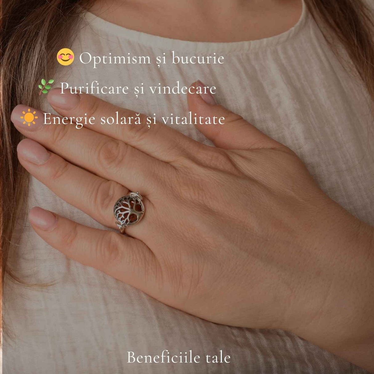 Inel Argint 925 cu Chihlimbar Coniac si Arborele Vietii – Echilibrusi Energie Calda
