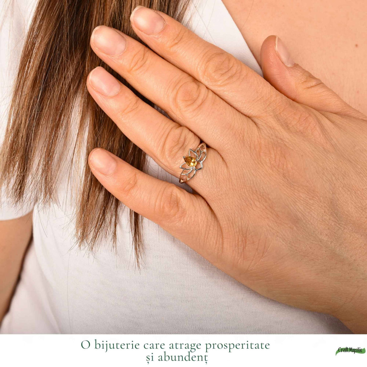 Inel argint 925 cu Citrin floare de lotus – prosperitate si energie pozitiva