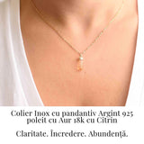 Colier Citrin Turnulet montura argint 925 placat cu aur de 18k si lant inox - Claritate Mentala si Energie Pozitiva