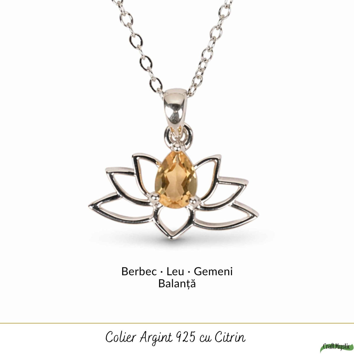 Colier citrin natural lotus argint 925 – energie, optimism si echilibru