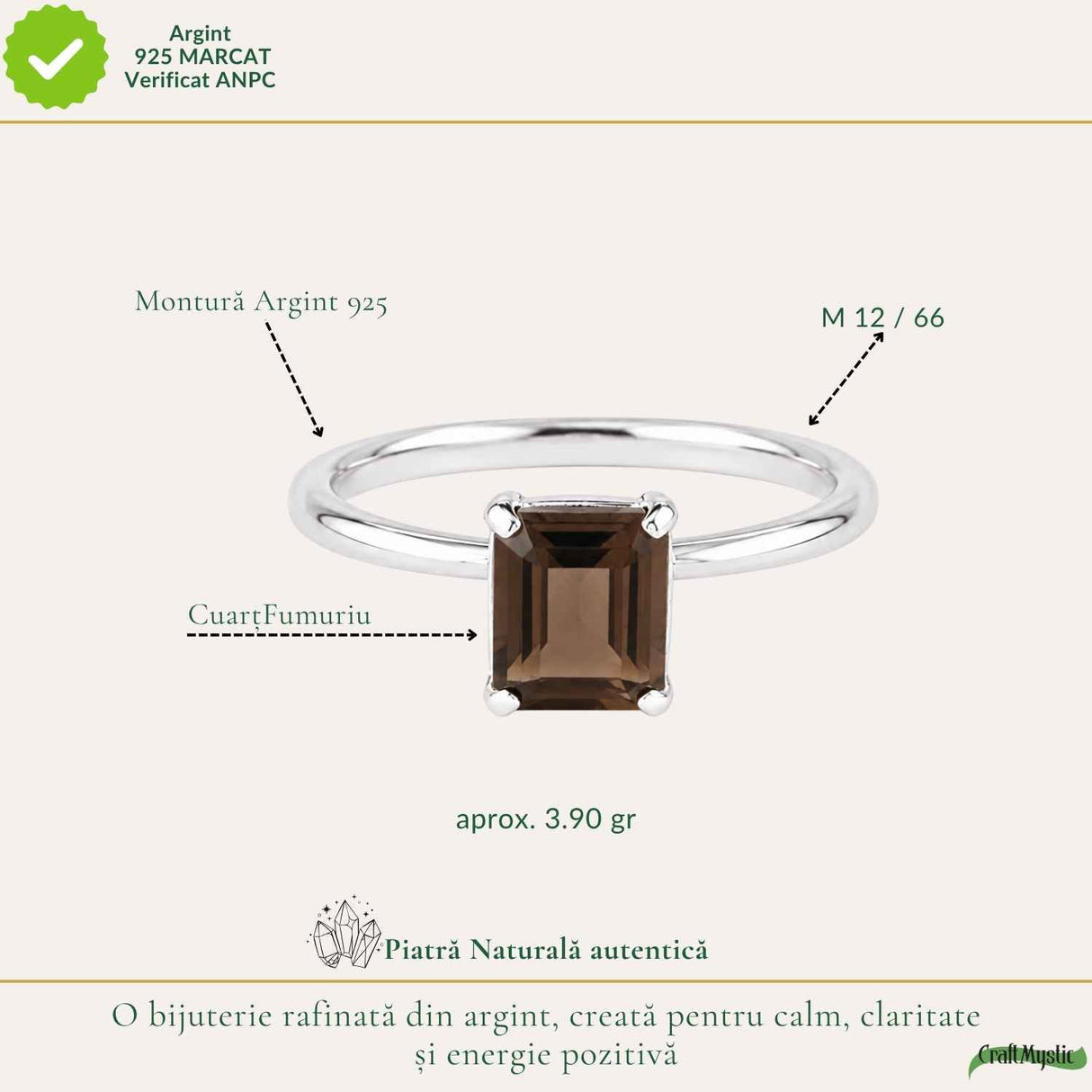 Inel Argint 925 cu Cuart Fumuriu Fatetat Dreptunghi – Protectie si Stabilitate