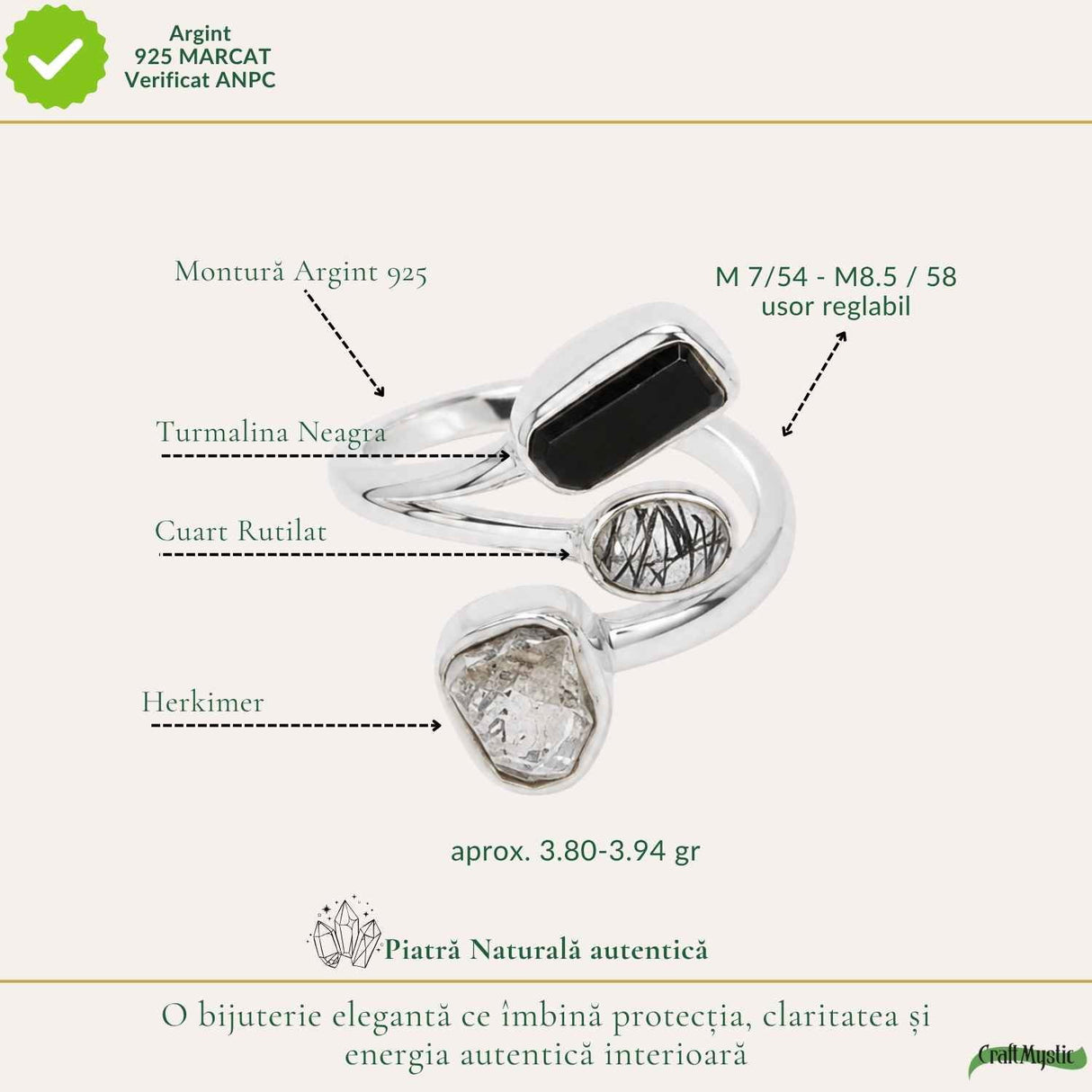 Inel Argint 925 cu Turmalina Neagra, Herkimer si Cuart Rutilat – Protectie si Claritate