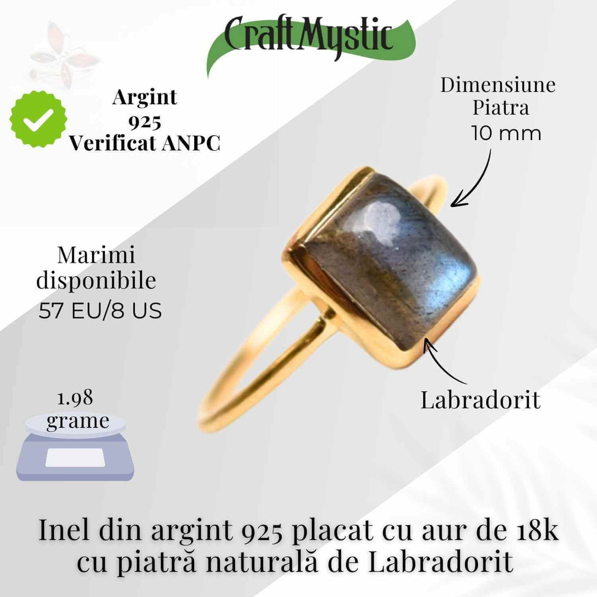 Inel Argint 925 placat cu aur 18K cu Labradorit - Claritate si Protectie Energetica