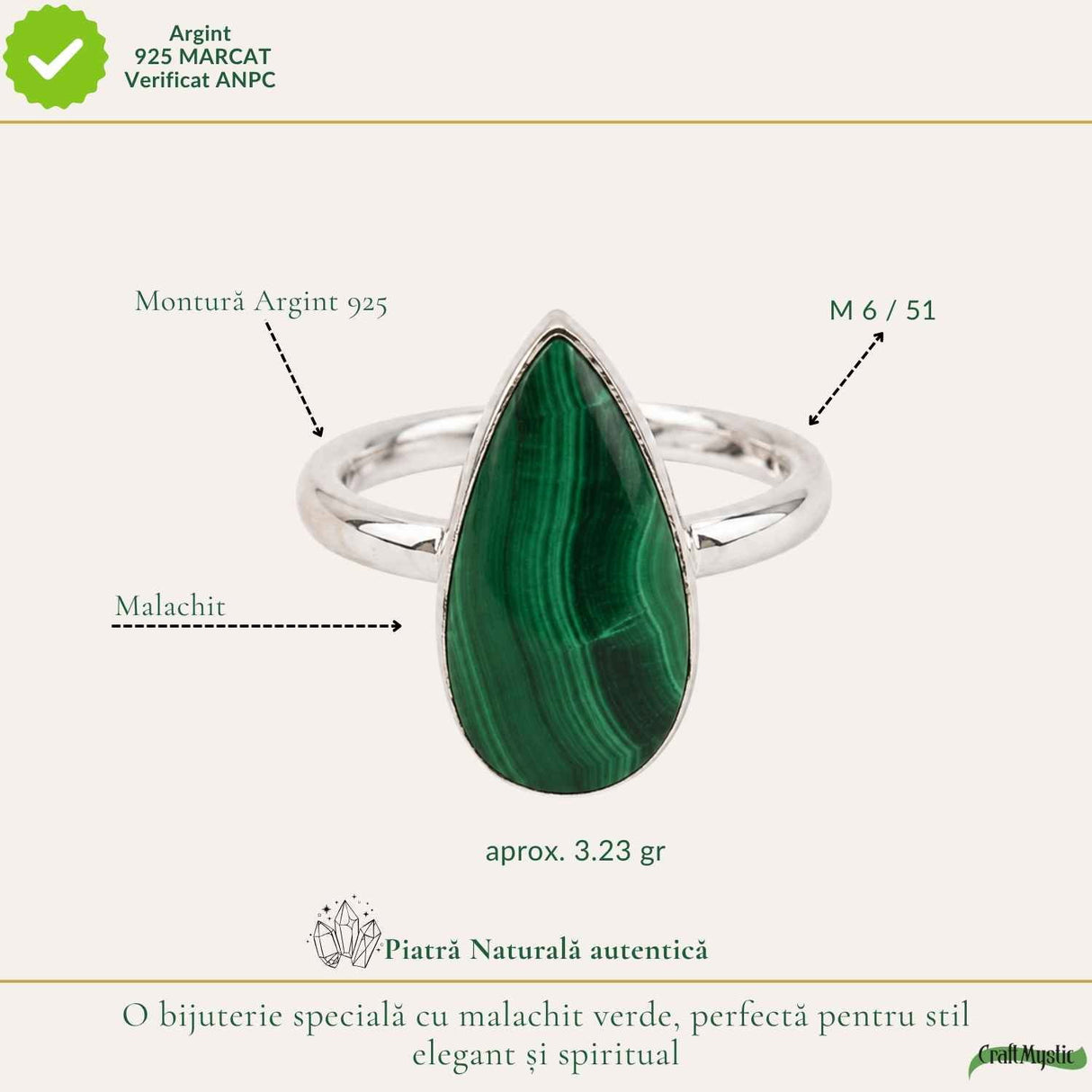 Inel Argint 925 cu Malachit Lacrima – Protectie si Feminitate Eleganta