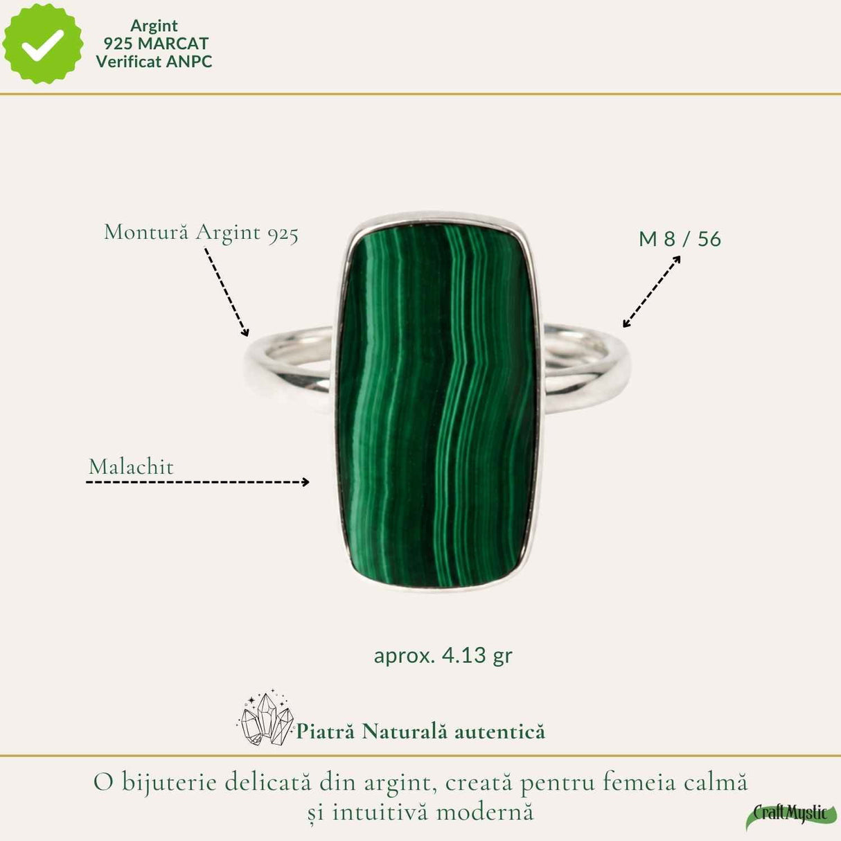Inel Argint 925 cu Malachit Dreptunghi – Protectie si Eleganta Naturala