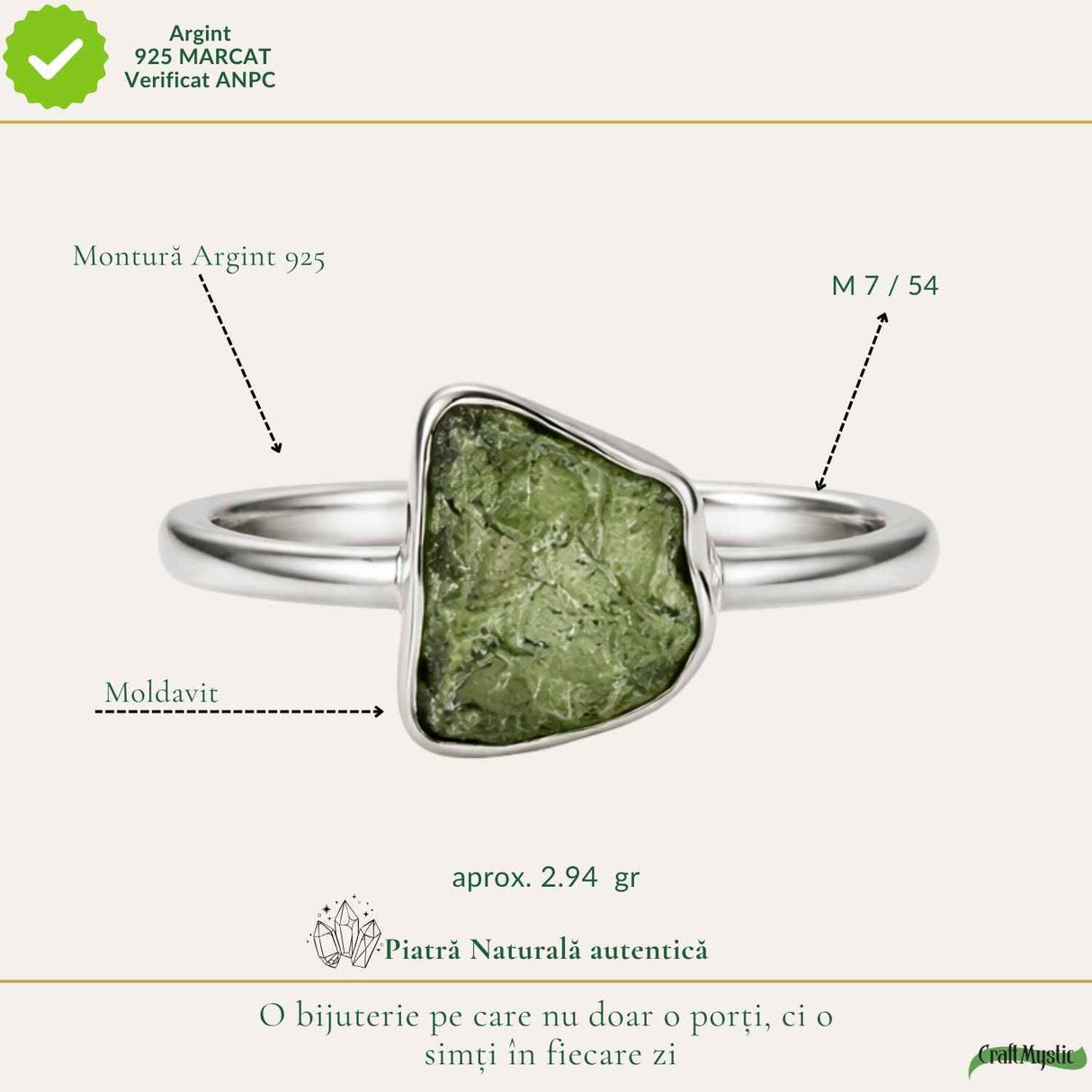 Inel din Argint 925 cu Moldavit Natural Brut, M7/54 – Energie Inalta si Aliniere Interioara
