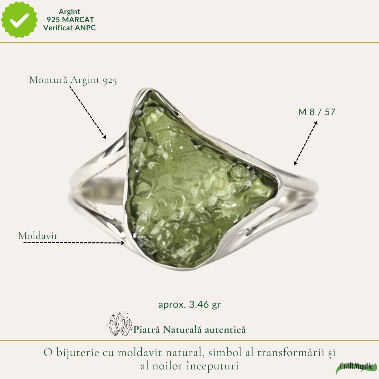 Inel Argint 925 cu Moldavit Natural Brut, M8/57– Energie Inalta si Transformare Spirituala