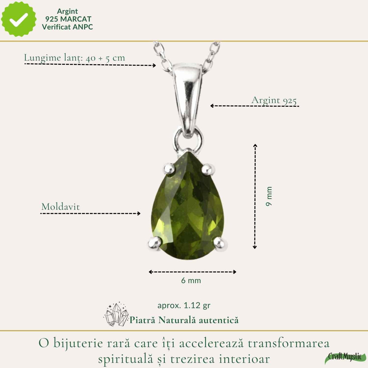 Colier Argint 925 cu Moldavit Fatetat Lacrima – Transformare si Claritate Interioara