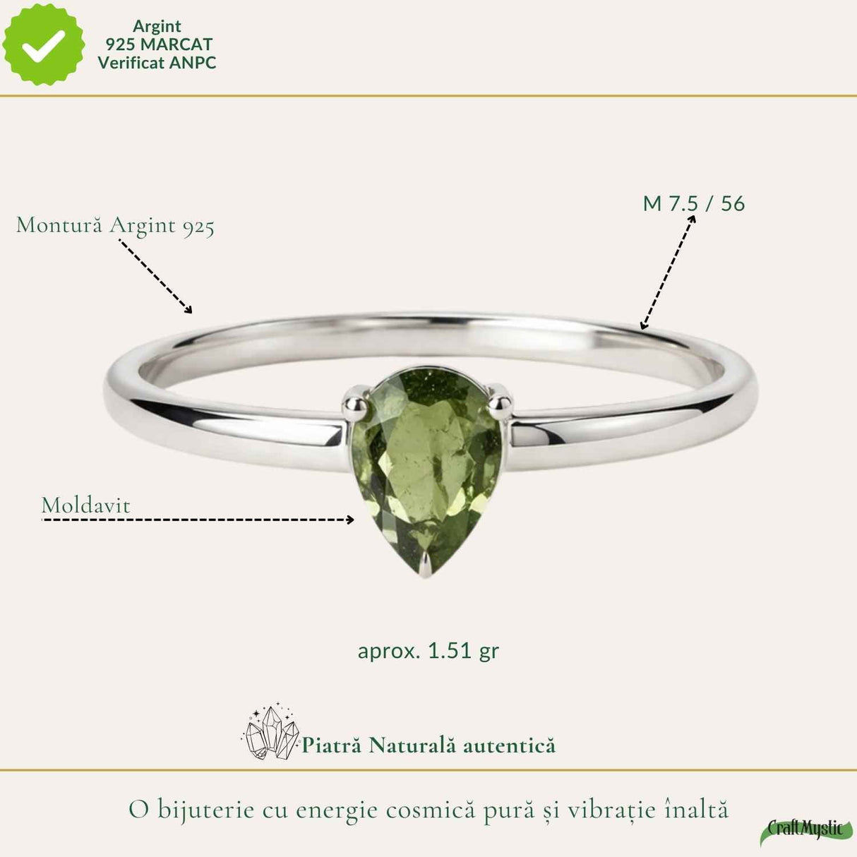 Inel Argint 925 cu Moldavit Fatetat Lacrima – Claritate si Transformare