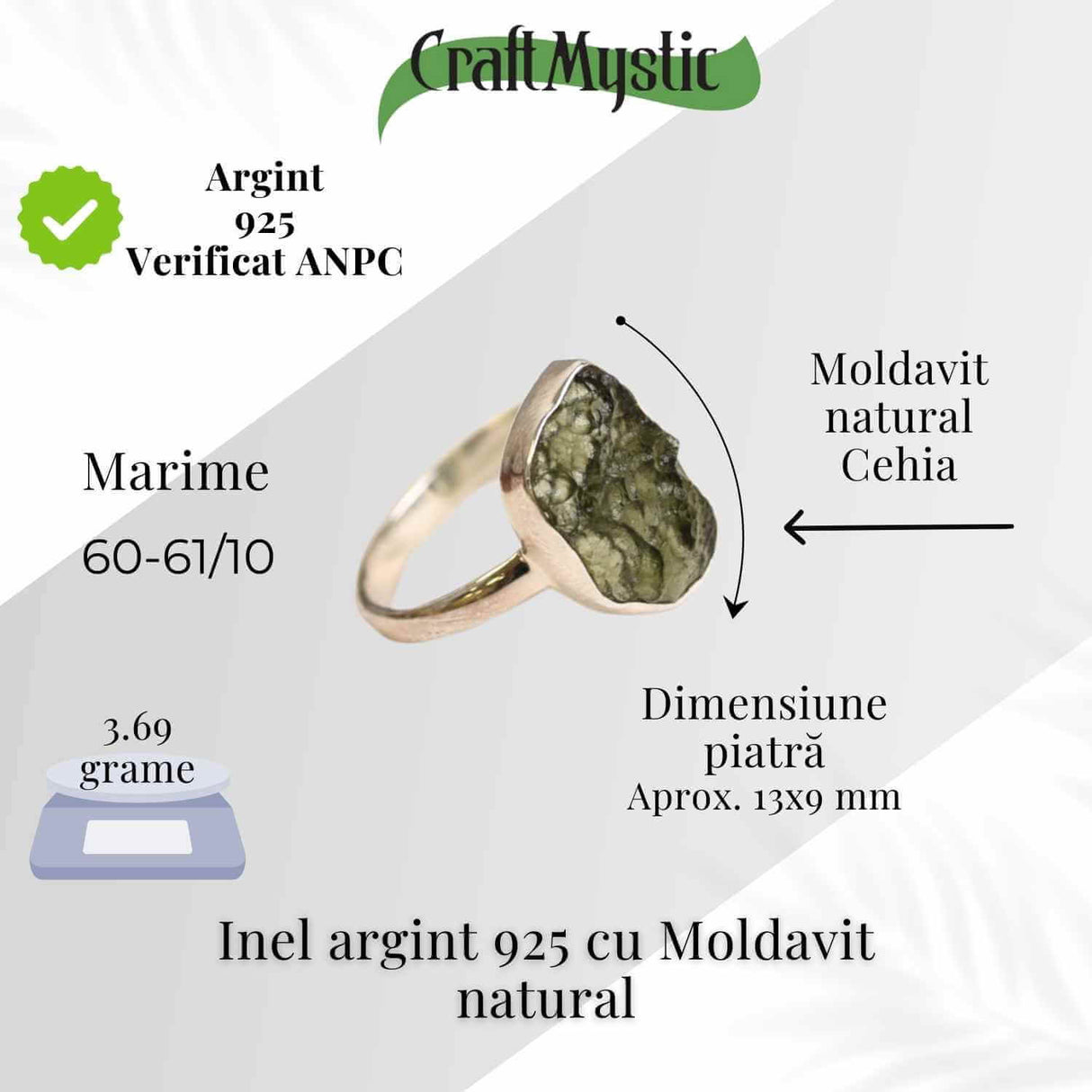 Inel argint 925 cu moldavit natural marime 60-61 EU / 10 US - Talisman cosmic al transformarii