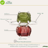 Inel argint 925 cu Moldavit si Granat neuniform, M8.5/58 – curaj si transformare