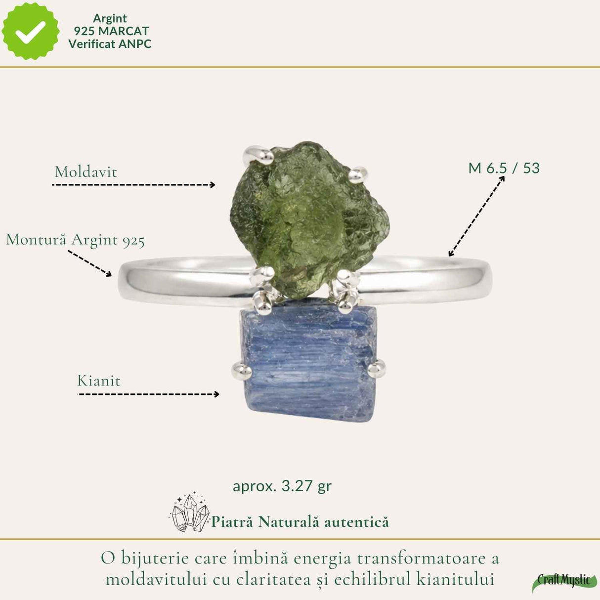 Inel argint 925 cu Moldavit si Kianit albastru, M 6.5/53 – claritate si transformare