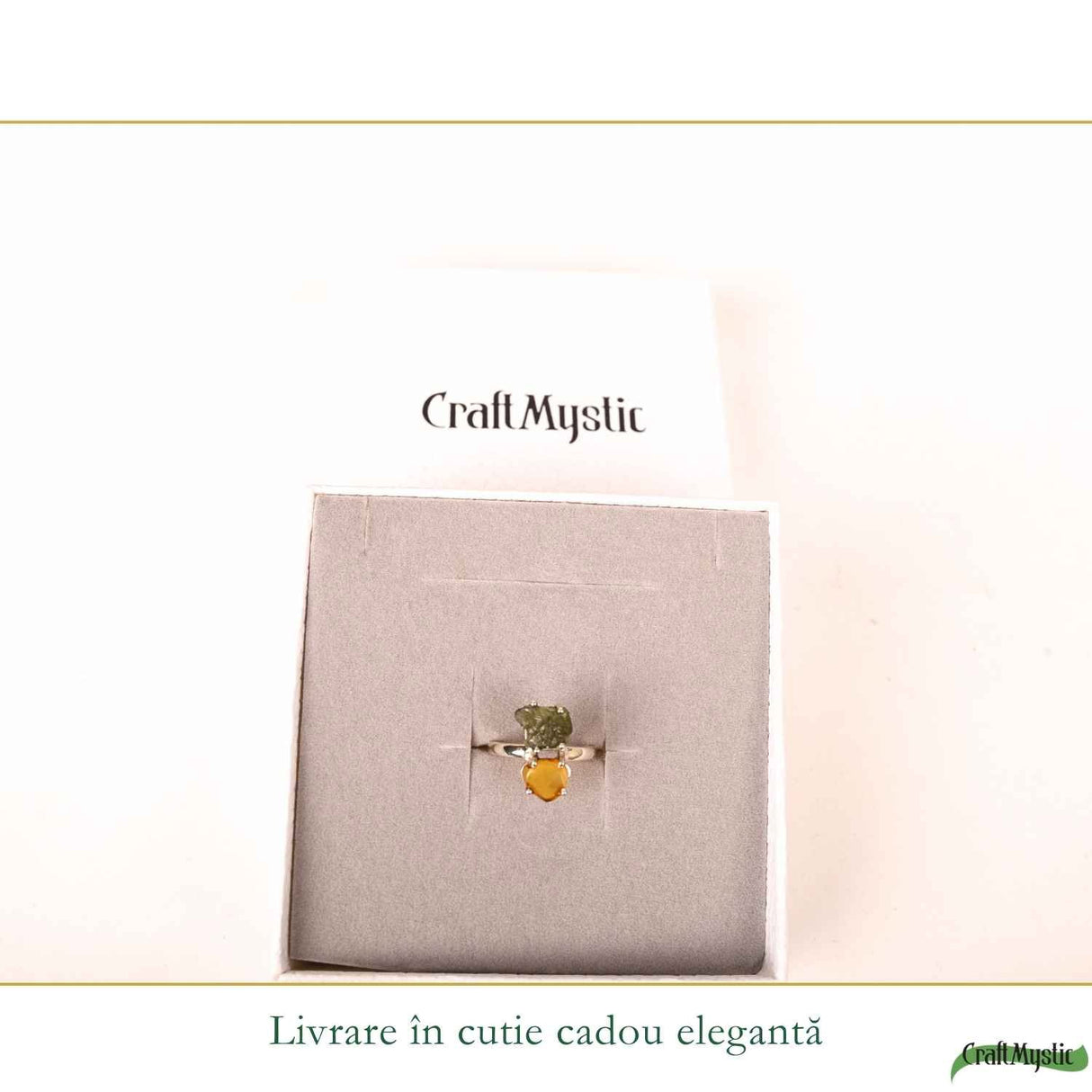 Inel argint 925 cu Moldavit si Chihlimbar – echilibru si energie calda