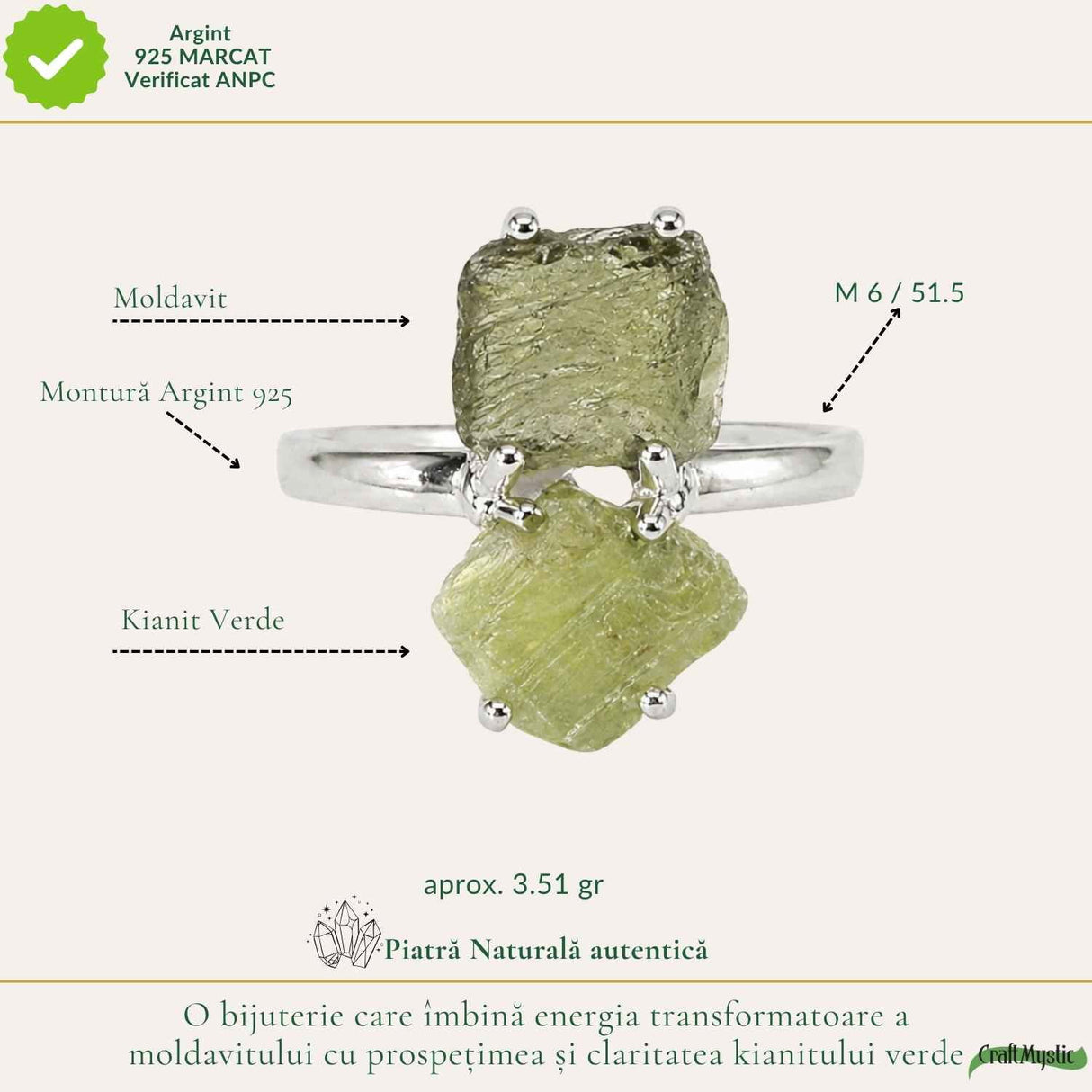 Inel argint 925 cu Moldavit si Kianit verde, M6/51.5 – echilibru si transformare