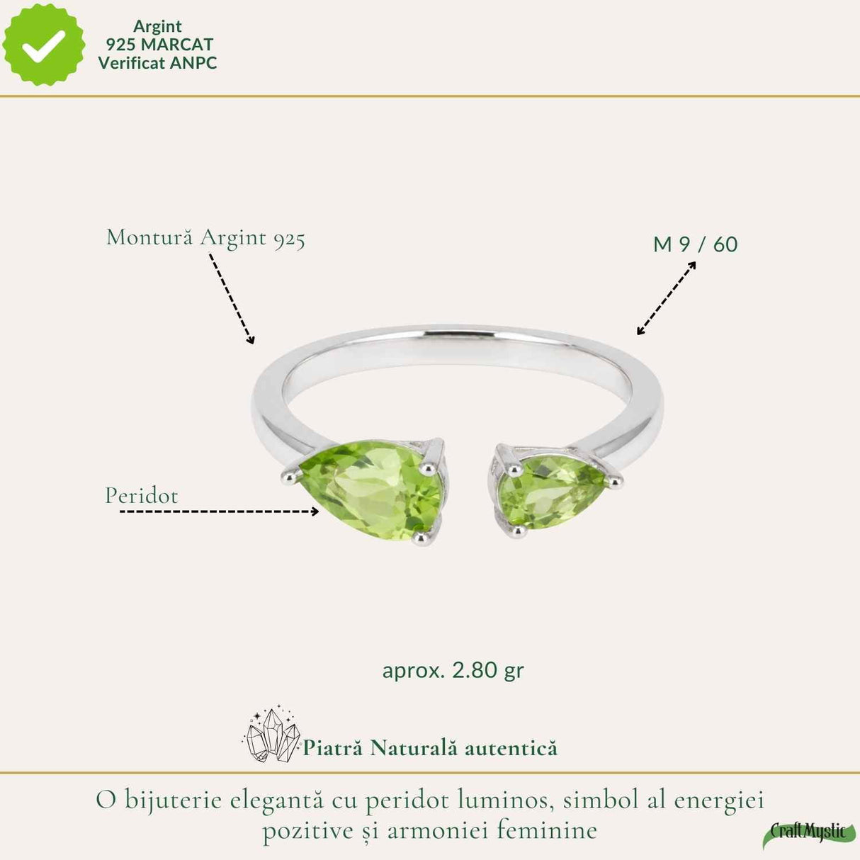 Inel Argint 925 cu Peridot Fatetat Lacrima – Echilibru si Feminitate Naturala