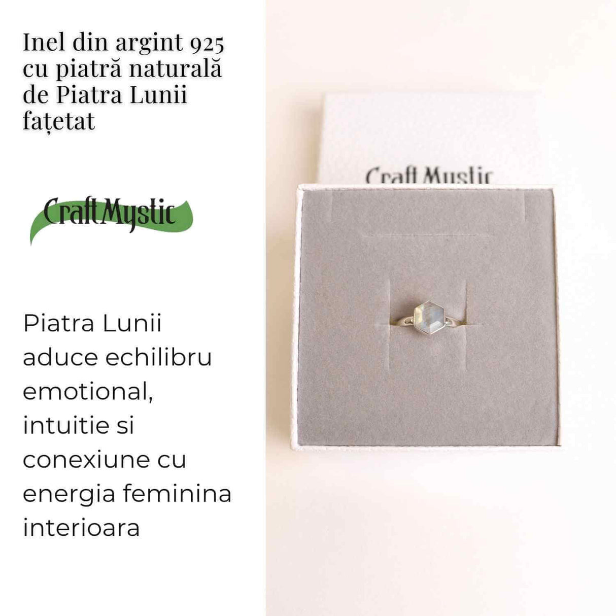 Inel Argint 925 cu Piatra Lunii Fatetata Hexagon - Intuitie si Feminin Sacru