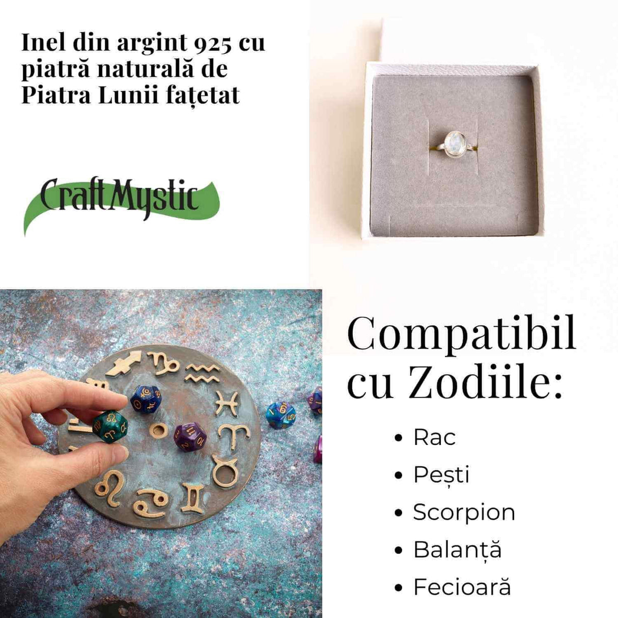 Inel Argint 925 cu Piatra Lunii Fatetata Hexagon - Intuitie si Feminin Sacru