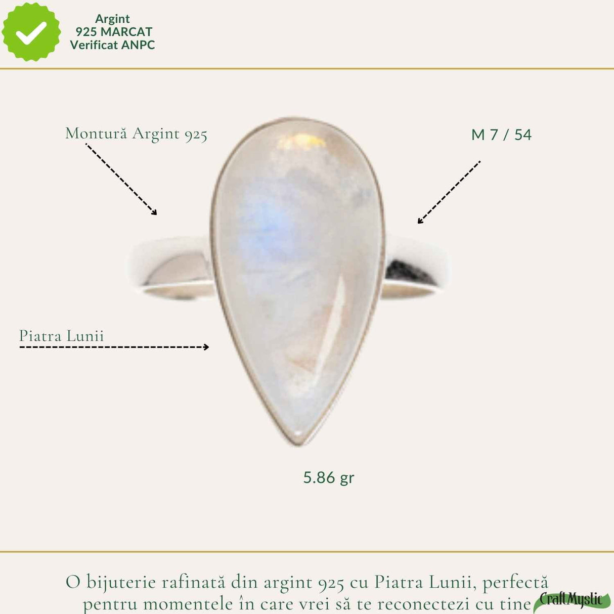 Inel Argint 925 cu Piatra Lunii Lacrima – Echilibru Emotional si Intuitie