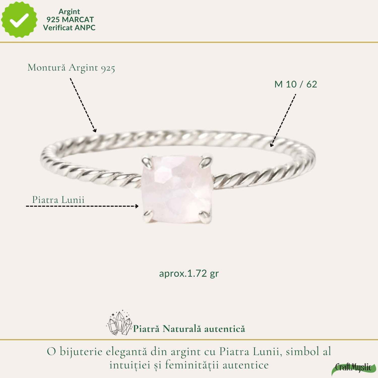 Inel argint 925 rasucit piatra lunii patrata – intuitie si echilibru