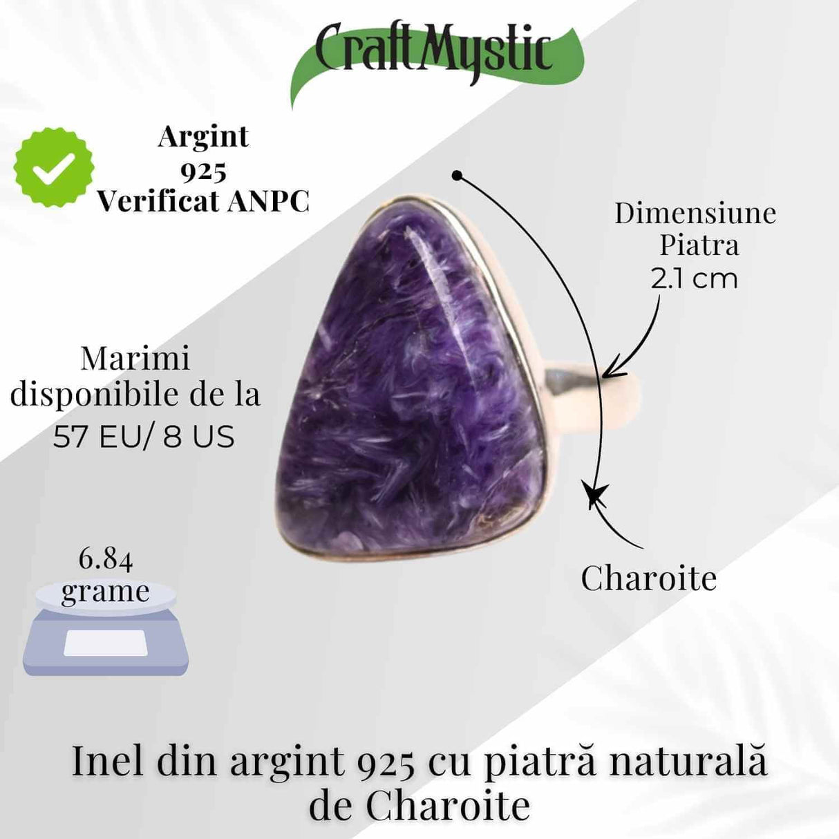 Inel argint 925 cu Charoite naturala triunghi - Transformare si echilibru interior