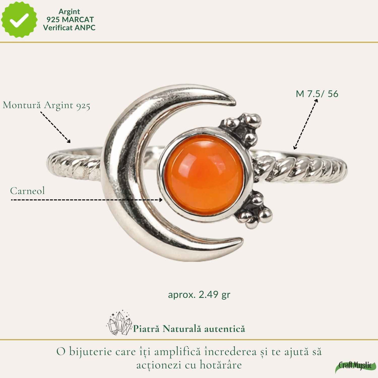 Inel argint 925 cu Carneol semiluna si soare – energie si echilibru feminin