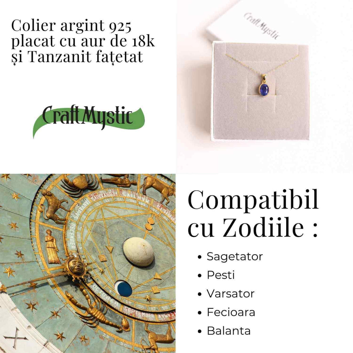 Colier Argint 925 Placat cu Aur 18K si Tanzanit Fatetat Oval - Claritate Spirituala si Transformare Interioara