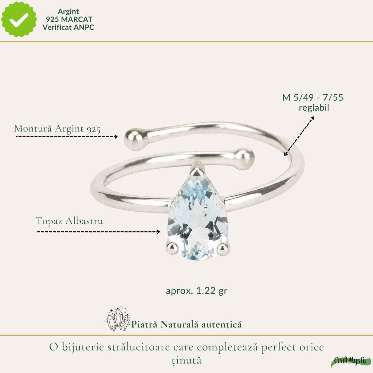 Inel argint 925 cu Topaz Albastru forma de lacrima – delicatete si claritate interioara