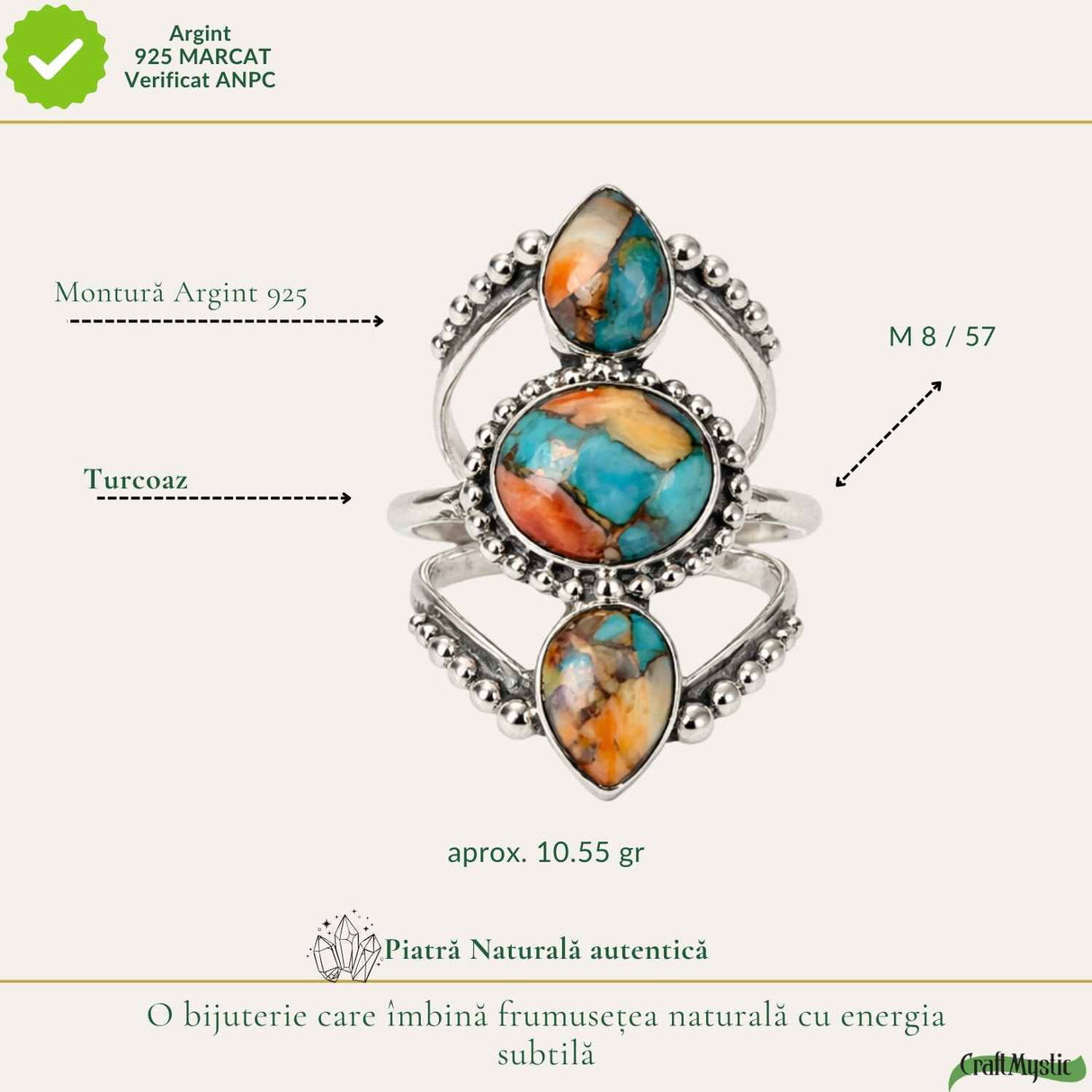 Inel Argint 925 cu Turcoaz Spinny Oyster Floare Vintage – Protectie si Feminitate