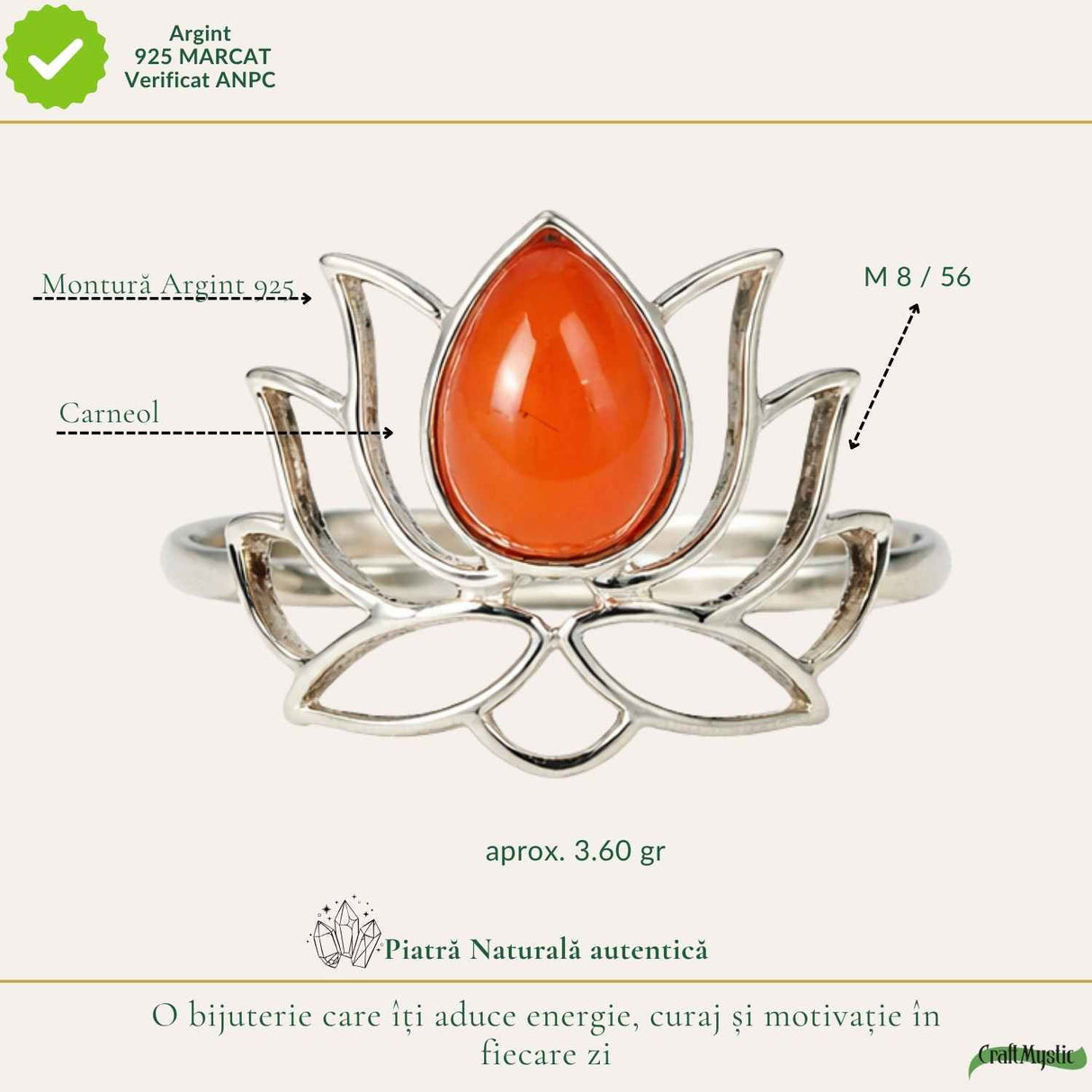 Inel argint 925 cu piatra naturala de Carneol model floare de lotus – Energie si incredere feminina