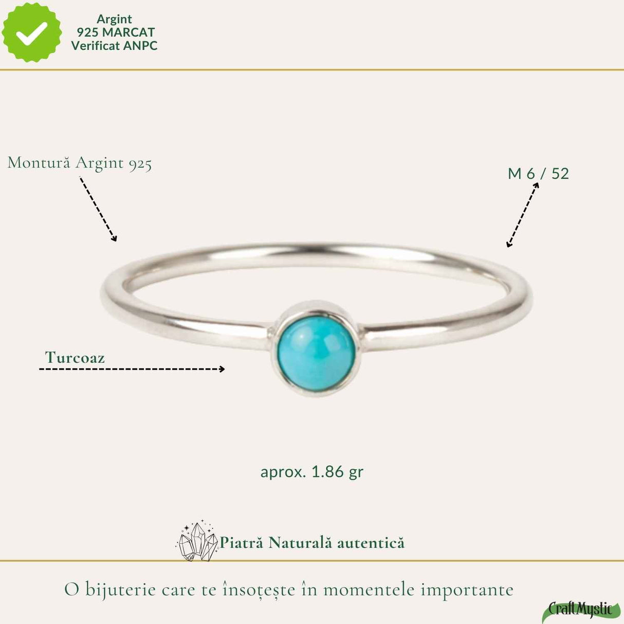 Inel Argint 925 cu Turcoaz Rotund Mic – Protectie si Echilibru