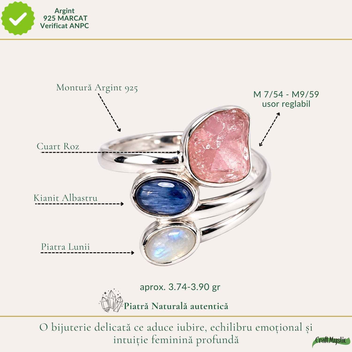 Inel Argint 925 cu Cuart Roz, Kianit Albastru si Piatra Lunii – Iubire si Echilibru