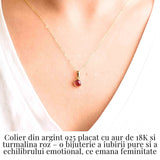 Colier Argint 925 Placat cu Aur 18K si Turmalina Roz Naturala - Iubire, Vindecare si Energie a Inimii