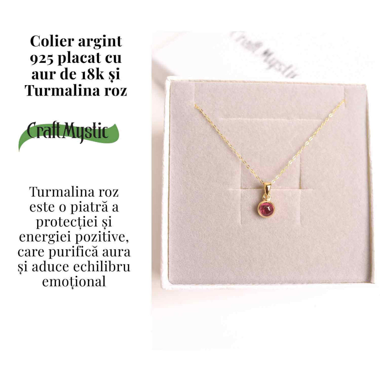 Colier Argint 925 Placat cu Aur 18K si Turmalina Roz Naturala - Iubire, Vindecare si Energie a Inimii
