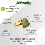 Inel argint 925 placat aur 18k cu Moldavit natural brut Marime 56-57 (EU) / 8 (US) - Stimuleaza Evolutia Interioara si Vindecarea Energetica
