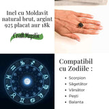 Inel argint 925 placat aur 18k cu Moldavit natural brut Marime 56-57 (EU) / 8 (US) - Stimuleaza Evolutia Interioara si Vindecarea Energetica