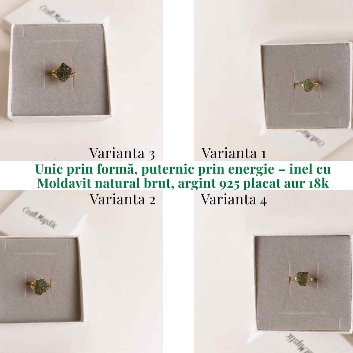 Inel argint 925 placat aur 18k cu Moldavit natural brut Marime 56-57 (EU) / 8 (US) - Stimuleaza Evolutia Interioara si Vindecarea Energetica